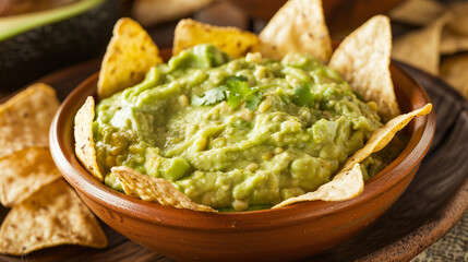 Bowl of creamy avocado dip with tortilla chips