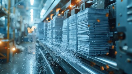 A printer is full of paper and has a yellow warning sign on it. The printer is surrounded by stacks of paper, and the yellow sign is on the top right corner