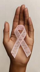black woman han with palm face up holding a pink ribbon lace against beige background