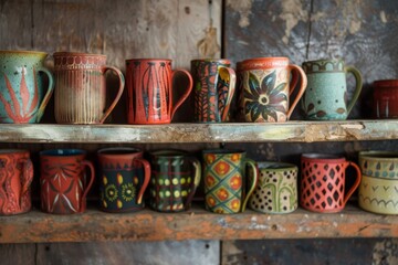 Hand Painted Artisanal Pottery Mugs Displayed on Rustic Shelf for Home Decor Inspiration