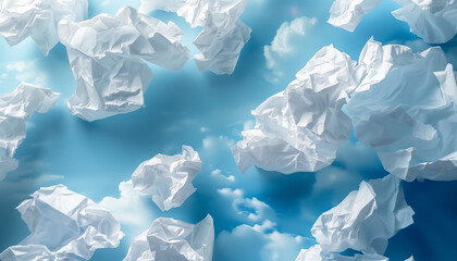 Naklejka premium Crumpled white paper sheets float against a vibrant blue sky, creating a whimsical and imaginative scene that blends elements of reality and fantasy.