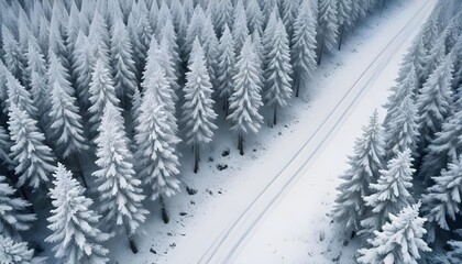 Fototapeta premium Forest in snow. Snowy forest road. Forest road from above