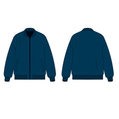 Vector illustration of men's jacket in blue color with zipper closure. Technical drawing of bomber jacket with pockets, front and back view. Sketch of jacket with zipper, vector. © Iryna
