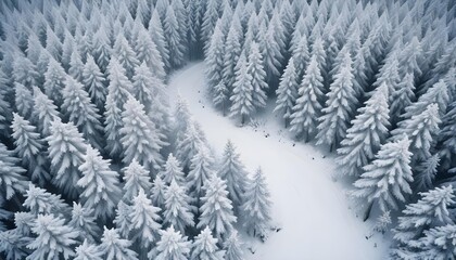 Forest in snow. Snowy forest road. Forest road from above