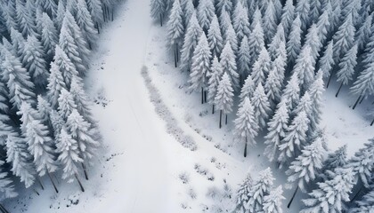 Forest in snow. Snowy forest road. Forest road from above