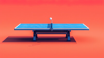 Blue ping pong table is casting a shadow on a minimalist orange background