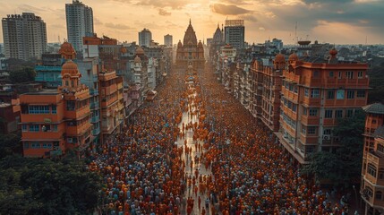 A large crowd of people, likely in orange clothing, is seen walking down a city street. Tall buildings line the street