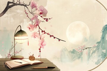 a beige background landscape painting in the style of a Chinese painting