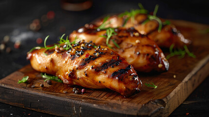 Wooden cutting board with juicy chicken breasts glazed and sprinkled with peppercorns