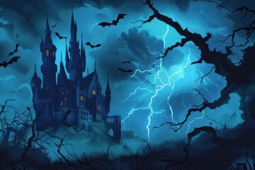 Fototapeta premium A dark, ominous castle with bats flying around, set against a stormy night sky with lightning