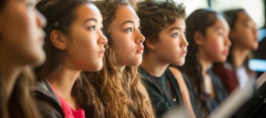 Obraz premium Focused Students Practicing Lines in Drama Class for School Theatre Production