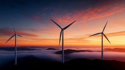 Obraz premium Serene sunrise over mist-covered mountains with wind turbines emerging through the fog, creating a mystical and sustainable energy scene, high-resolution photo, realistic photo, hyper realistic