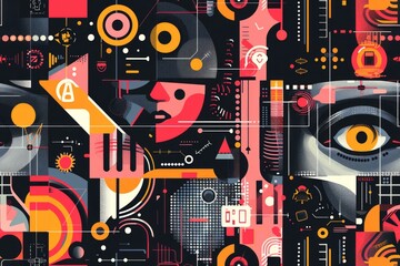 Obraz premium hand drawn surrealistic, abstract faces in line art style, seamless pattern background, modern minimalism art