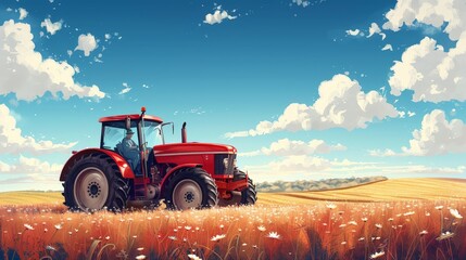 A red tractor is in a field of golden-brown wheat on a sunny day. Beautiful sky with clouds