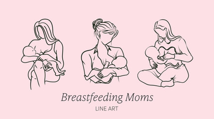 Line art vector design of moms breastfeeding babies in different poses.