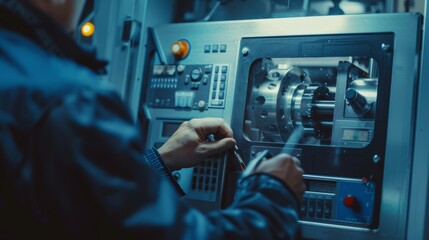 Machinist Programming CNC Machine with Digital Interface and G Code Visible on Screen for Industrial Automation