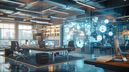 modern office with large touch screens displaying binary code and systems engineering diagrams amid floating digital icons and graphs