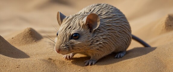 A small desert rodent sits amidst the sands, its eyes wide with curiosity.