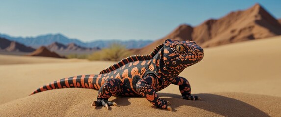 A Gila monster lizard rests in the desert sand.