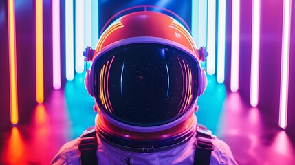 Modern orange astronaut helmet with a black visor isolated on a backdrop of neon lights