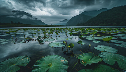 A serene mountain lake covered with green lily pads under a dramatic cloudy sky, surrounded by lush forested mountains and misty peaks.