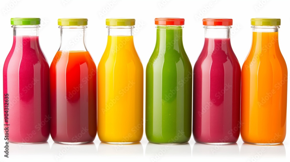 Poster a row of six juice bottles, each with a different color, are lined up on a white background