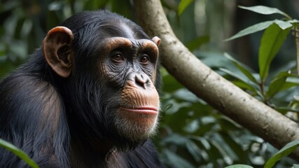 A close-up of a chimpanzee in its natural habitat with face digitally obscured.