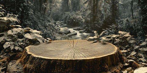 Tree Stump in a Lush Rainforest Setting with a Creek