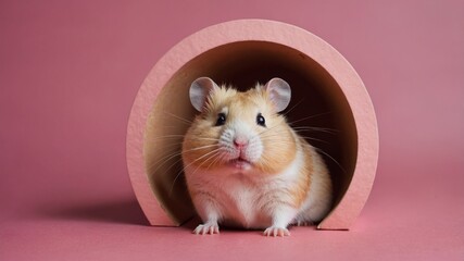 cute hamster sticking its head out from inside a hole on a pink background.
