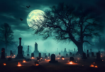 A spooky graveyard scene at night with a full moon illuminating the sky. Silhouetted trees and tombstones are scattered throughout, with glowing embers on the ground and bats flying in the background.