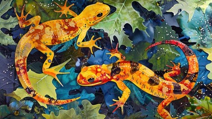 Abstract art with salamanders and leaves.