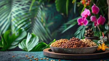 Fototapeta premium Exotic pet food on a wooden tray with a lush tropical background and colorful decorations, blank space for text