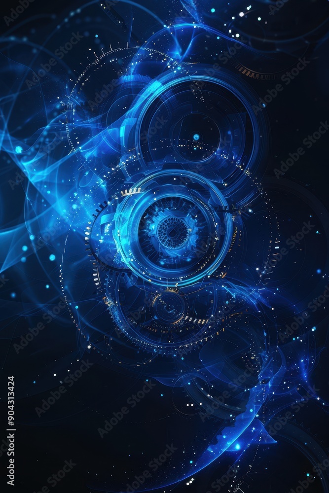 Poster a blue background with a bunch of gears on it. the gears are all different sizes and are scattered t