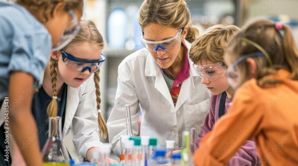 Poster diverse group of students conducting science experiment in laboratory with teacher guidance