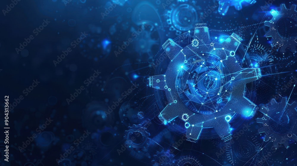Poster a blue background with a bunch of gears on it. the gears are all different sizes and are scattered t