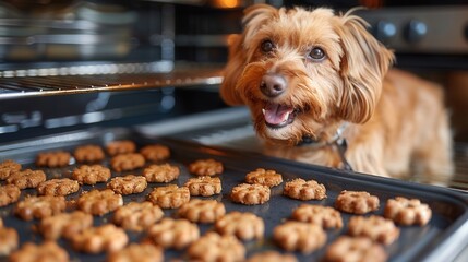 A dog is looking at cookies on a baking sheet in an oven