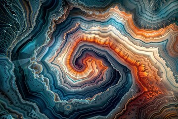 Agate Spiral. Intricate digital render of a spiral agate formation with layered bands of blue, orange, and white resembling a cross-section of a gemstone.