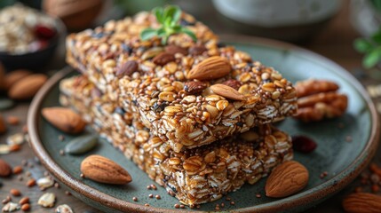 Naklejka premium Several granola bars, layered with nuts, seeds, and dried fruit, sit on a dark stone surface