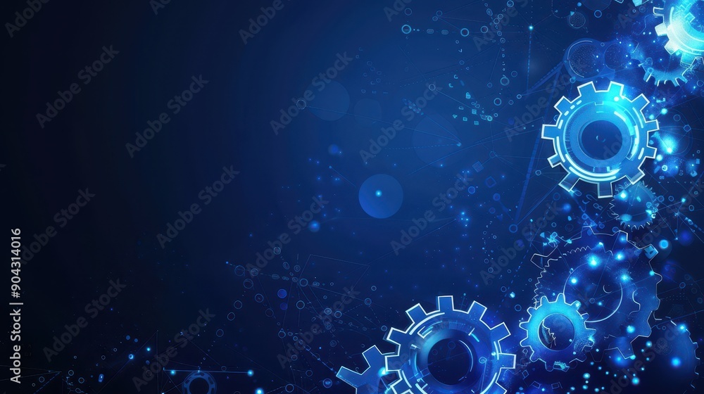 Poster a blue background with a bunch of gears on it. the gears are all different sizes and are scattered t