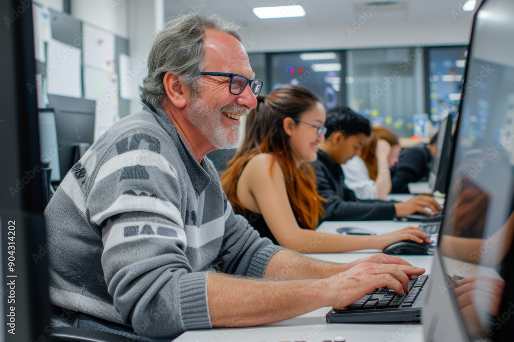 Poster supportive teacher assisting adult learner with computer skills in collaborative modern classroom