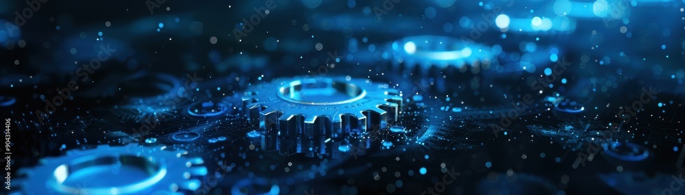 Poster a blue background with a bunch of gears on it. the gears are all different sizes and are scattered t