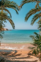 Fototapeta premium The tropical beach with palm trees framing the scene, golden sand, turquoise water, clear sky, ample copy space, sunny day,