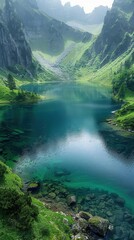 Mountain lake with clear blue water, lush green surroundings, misty morning light, high-angle shot, serene environment,