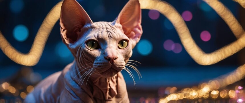 Curious Sphynx Cat with Vivid Bokeh Lights Background.