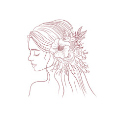 Vector line woman face with flowers around. Line art illustration. Celebration. Save the date. Great for any designs, textile, art, walls, package
