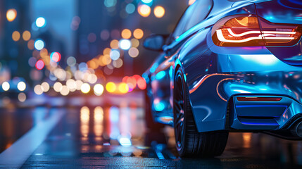 A car is parked on a wet street at night