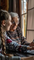 Fototapeta premium Senior Woman Learning Video Calling with Volunteer Assistance in Community Workshop