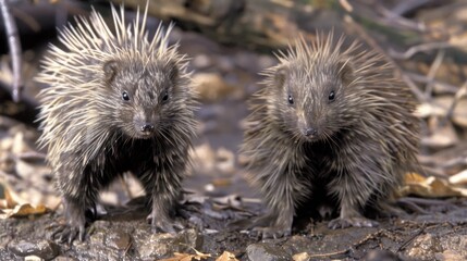 Two baby porcupines standing on rocks in the woods.