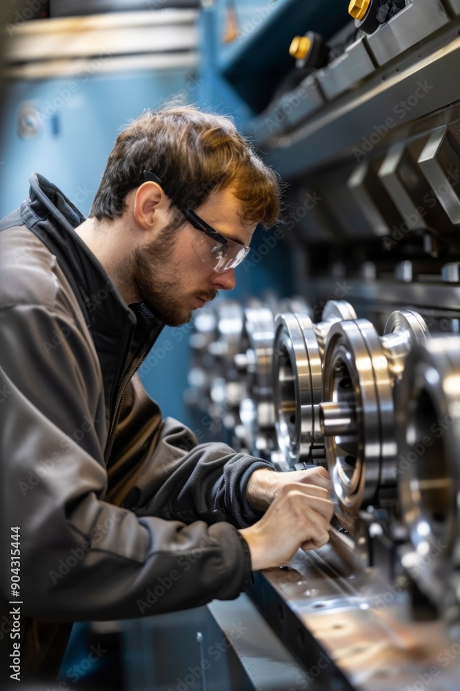 Poster precision engineering: operator inspecting cnc machined part in industrial setting
