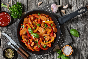 zesty italian sausage peppers and onions, top view